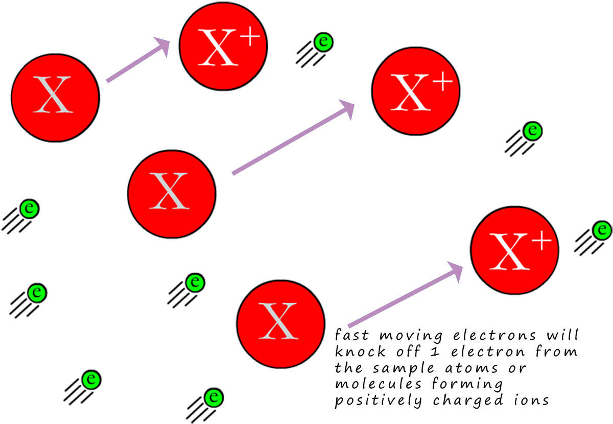 fast moving electrons from the electron gun knock electrons off the 
atoms in the sample to form positively charged ion